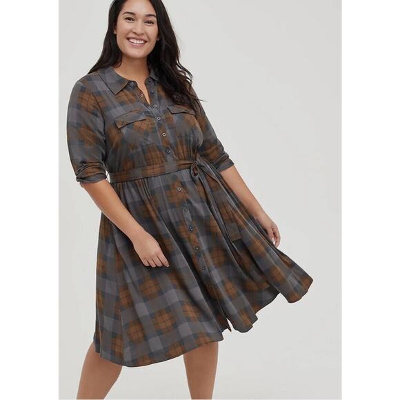 Torrid Outlander Tartan Shirt Dress - 2X Brown Plaid Belted, Claire Sassenach - Picture 2 of 13
